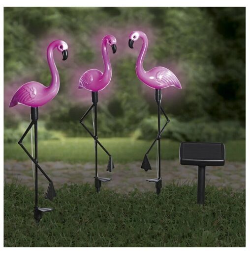 Saulės energijos įkraunamas LED sodo šviestuvų rinkinys - flamingai, 3 vnt, 53cm